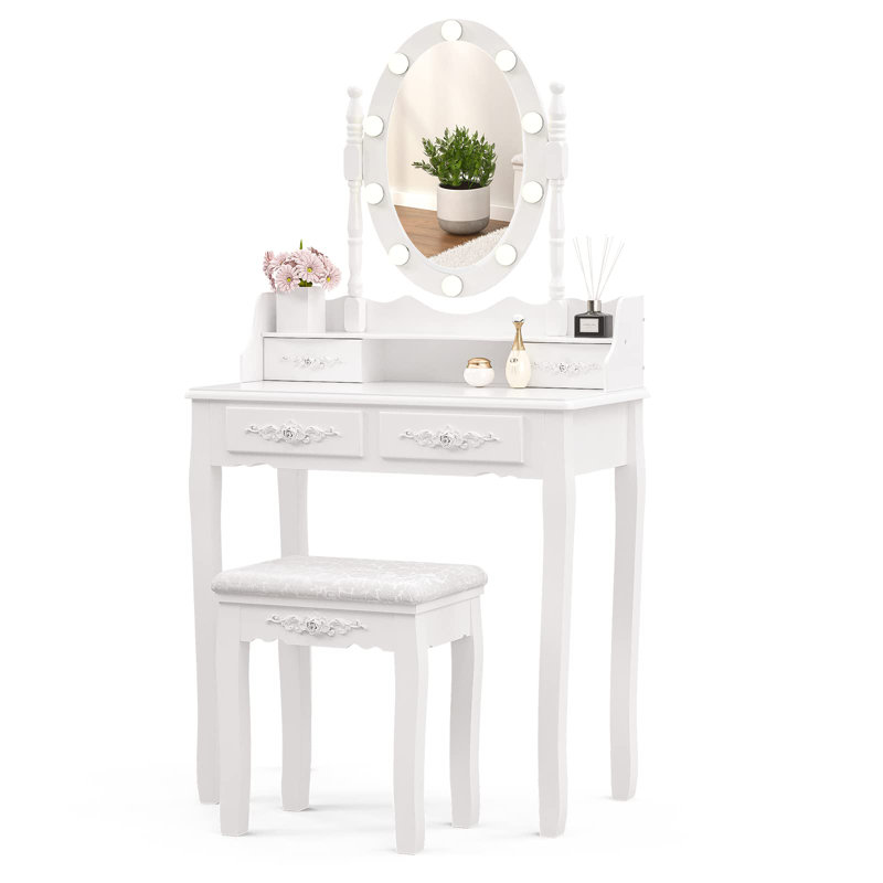 House of Hampton 4 Drawers Makeup Vanity Set For Girls Dressing Table Desk With Lighted Mirror And Stool White